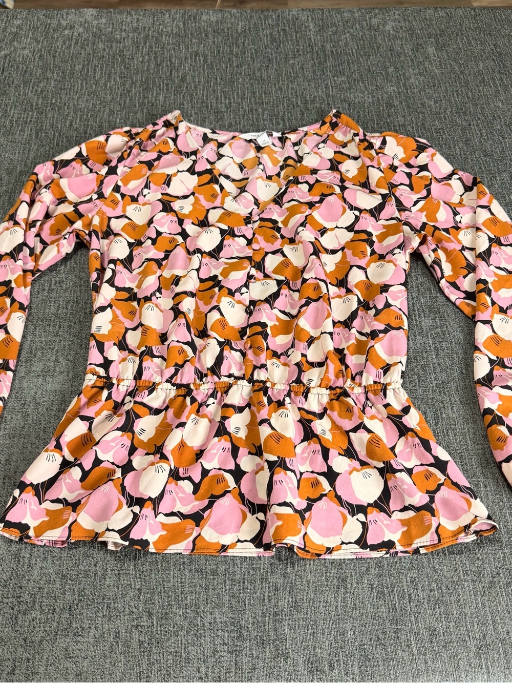 Nine West M Long Sleeve Boho Peplum Secretary Floral Blouse V-Neck Top